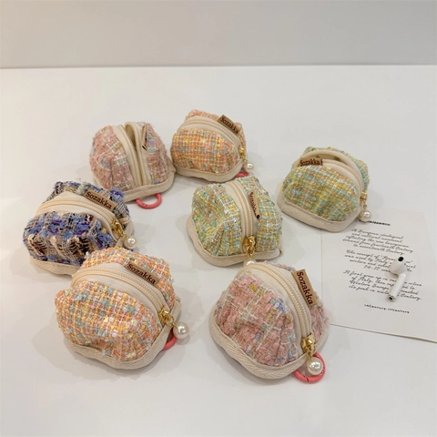 Mini Earphone Pouch Tweed Plaid Portable Coin Purse With Artificial Pearl Pendant Zipper Hook Small Storage Bag For Women Girls Chic Accessory