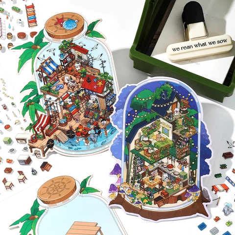 Deko Szene Aufkleber Isometrisch DIY Scrapbooking Journaling Material PET Aufkleber Und Hintergrundkarte Mikro Landschaft Garten Meer Thema