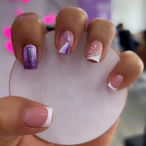 Purple Glitter Press On Nails French White Tip Medium Long Square Fake Nails With White Wave Lines Reusable For Women