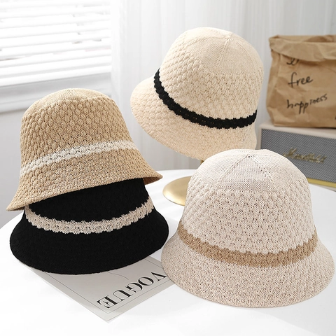 Cappello Da Pescatore In Maglia Traspirante Da Donna Strisce A Contrasto Protezione Solare Estate Pieghevole