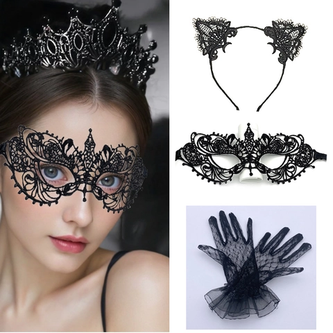 Lace Masquerade Mask Cat Ears Headband Choker Necklace And Gloves Halloween Costume Party Accessories For Women Girls