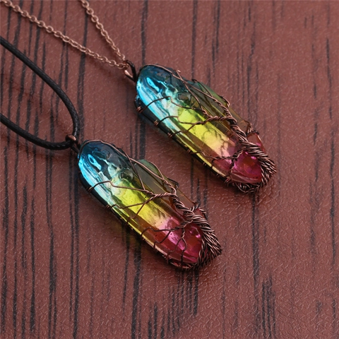 Collana Pendente Cristallo Albero Della Vita Avvolto In Filo Gioielli Pietra Arcobaleno Con Catena Inox E Cordino Cerato