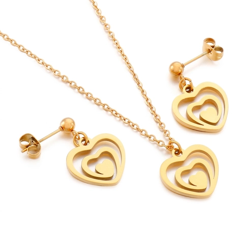 Heart Necklace And Earrings Stainless Steel Hollow Nested Heart For Women Minimalist Korean Style Fashion Accessory