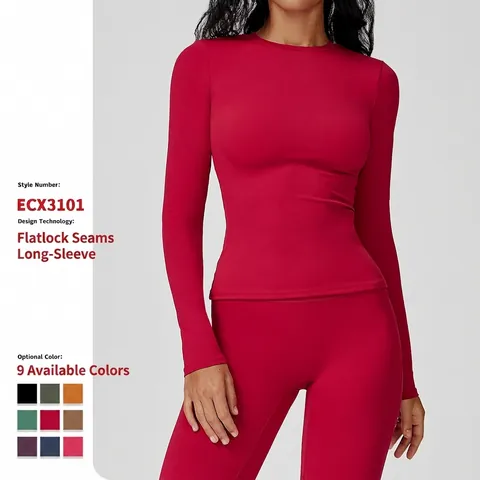 Women Slim Fit Long Sleeve Yoga Top Brushed Nylon Spandex Athletic Running Fitness Shirt Crew Neck Solid Color