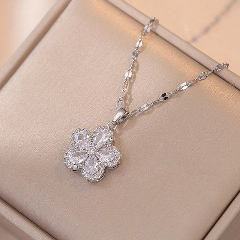 Collana Con Ciondolo A Fiore In Zircone Acciaio Al Titanio Gioielli Di Moda In Cristallo Scintillante Per Donne Stile Elegante