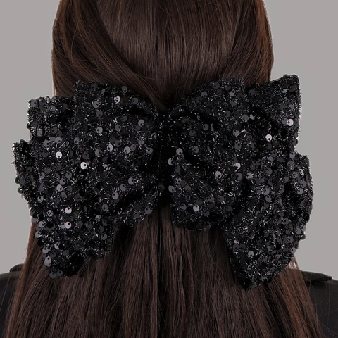 Pinza Pelo Lazo Lentejuelas Negras Extragrande Clip Resorte Tela Brillante Para Mujeres Niñas Estilo Princesa