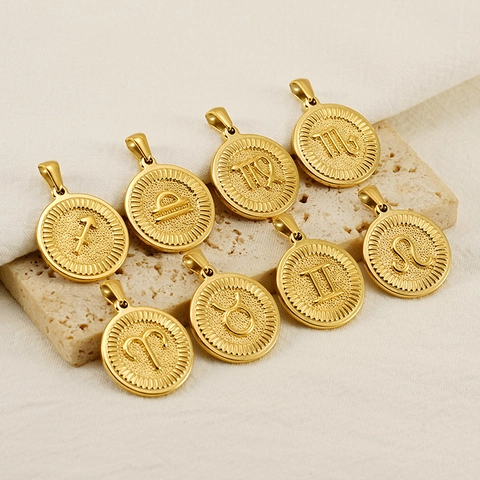 Pendentif Constellation Du Zodiaque Acier Inoxydable Plaqué Or 18K Simple Vintage Rond Charme De Collier Pour Hommes Femmes