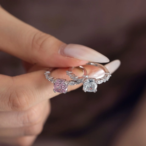 Luxus 925 Sterling Silber Kissen Schliff Zirkonia Ring Elegant Rosa Weiß Funkelnder Edelstein Finger Schmuck Für Damen Hochzeit Verlobung