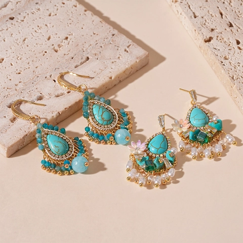 Teardrop Dangle Earrings Vintage Flower Zircon Glass Turquoise Imitation Artificial Pearl 925 Sterling Silver Earring Post Women