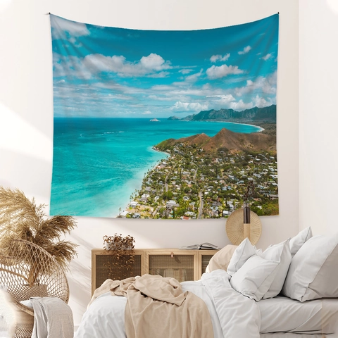 Küstenlandschaft Wandteppich Polyester Meeresstadt Ansicht Hintergrundtuch Für Schlafzimmer Wohnzimmer Dekoration