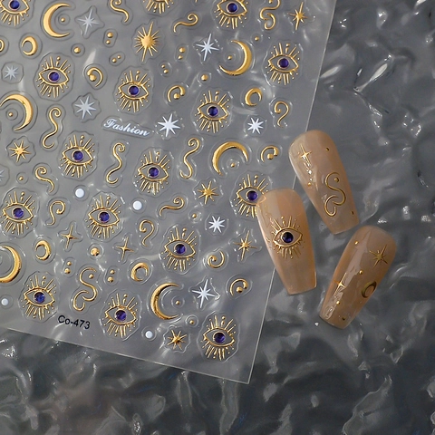 5D Relief Nail Art Stickers Self Adhesive Waterproof Bronzing Gold Evil Eye Moon Star Celestial Mystic Decoration