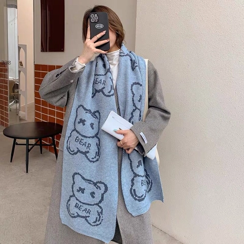 Sciarpa Invernale Calda Stile Coreano Acrilico Lana Artificiale Stampato Orso Modello Sciarpa Lavorata a Maglia Donna