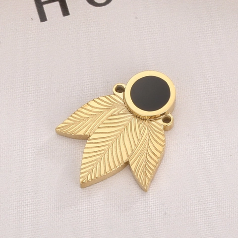 Stainless Steel Leaf Pendant Golden With Round Black Inlay DIY Jewelry Making Connector Clover Shape Accessory