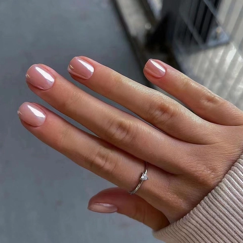 Aurora Pink Press On Nails Short Square Round Shimmer Glitter Artificial Pearl Finish Y2K Ins Style Full Cover Artificial Fake Nails