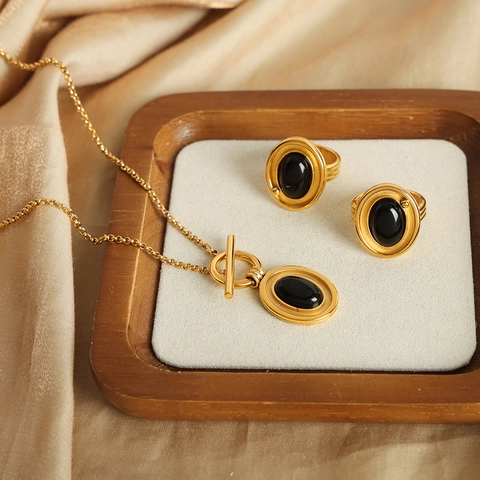 Vintage Titanium Steel Agate Oval Pendant Necklace Ring Set Gold Silver Toggle Clasp OT Buckle Jewelry For Men Women