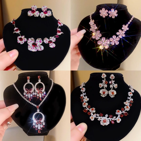 Gioielli In Zircone Floreale Collana Orecchini Rame Con Silver Earring Post Stile Palazzo Moda Per Donna