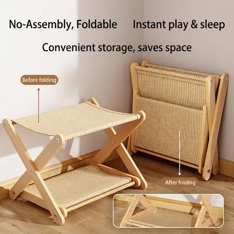 Solid Wood Double Layer Cat Bed Sisal Scratcher Bunk Bed Foldable Breathable Pet Hammock For Indoor Cats Kitten