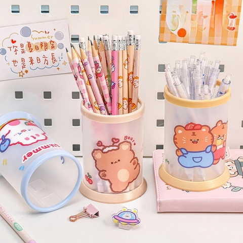 Round Pen Holder Folding DIY Assembly PP Plastic Cartoon Animal Desktop Organizer For Students Office Stationery Storage
