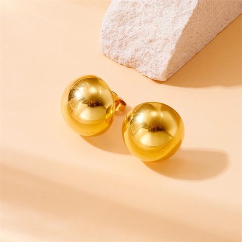 Vintage Minimalist Stainless Steel Gold Plated Spherical Jewelry Set For Women Ball Pendant Necklace Stud Earrings Adjustable Open Ring
