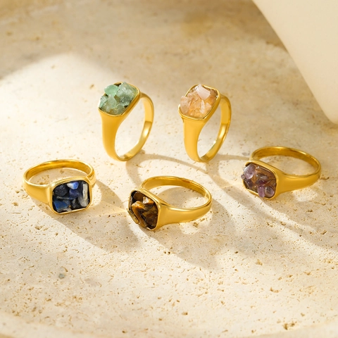 Anello Francese Vintage in Acciaio Inossidabile con Intarsio in Pietra Naturale Quadrata per Donna Placcato Oro Geometrico Gioielli da Dito