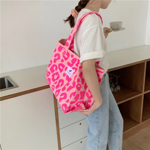 Große Canvas Tragetasche Mit Rosa Leopardenmuster Schultertasche Für Damen Reisen Hohe Kapazität Tiermuster Mode