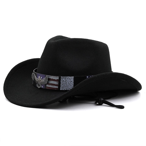 Westerse Cowboyhoed Katoen Polyester Vilt Brede Rand Metalen Adelaar Gesp Ster Streep Band Verstelbaar Winddicht Touw Unisex