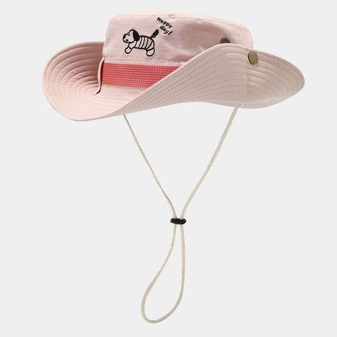 Women Sun Bucket Hat Polyester Quick Dry Cartoon Dog Embroidery Adjustable Wind Rope Foldable Wide Brim Outdoor Hiking