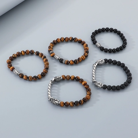 Retro Buddha Head Beaded Bracelet Tiger Eye Stone Lava Rock Obsidian Alloy Cuban Link Chain Ethnic Zen Men Unisex
