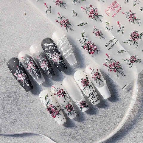 Nail Art Stickers 3D Embossed Floral Rose Lily Adhesive DIY Manicure Decorative Decals