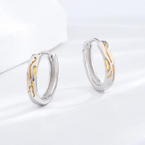 Boucles d'Oreilles Créoles en Argent Sterling S925 Vintage Texture de Vague Or pour Hommes Femmes Minimaliste Bicolore Bijoux
