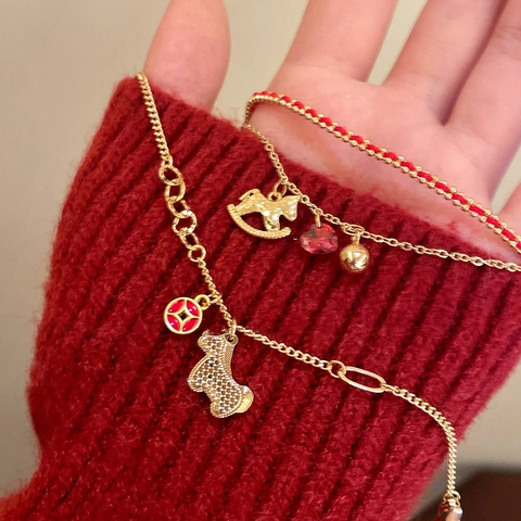 Zodiac Horse Bear Charm Bracelet Copper Real Gold Plated Red String Braided Heart Pendant New Chinese Style For Women