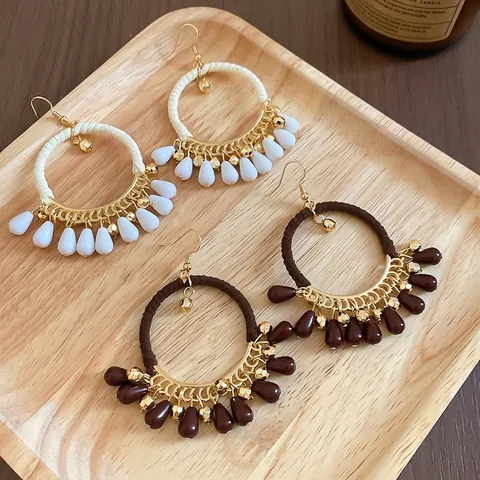 Bohemian Drop Earrings Copper Woven Cotton Cord Geometric Circle Glass Teardrop Beads Vintage Ethnic Jewelry Women