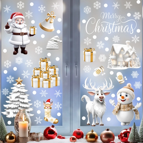 Christmas Window Clings PVC Static Stickers Santa Claus Snowman Reindeer Snowflake Glass Decals For Holiday Party Decoration