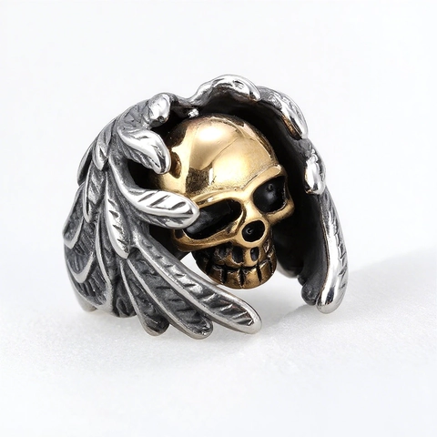 Punk Totenkopf Flügel Ring Edelstahl Vintage Gothic Biker Schmuck Für Herren Und Damen Gold Silber Kontrast Mode