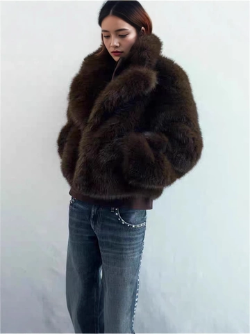 Women Faux Fur Cropped Jacket Fluffy Lapel Long Sleeve Winter Warm Outerwear Coat Fashion Elegant Brown