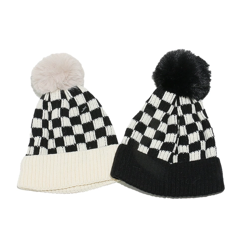 Damen Schachbrettmuster Strickmütze Winter Warm Acryl Pompon Beanie Lässig Jacquard Karierte Kopfbedeckung Hut
