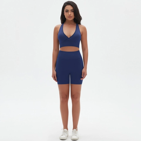 Women Yoga Workout Outfit Seamless Knit High Elastic Sports Bra And High Waist Shorts Racerback Gym Fitness V Neck