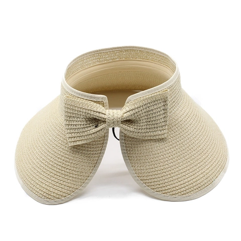 Women Straw Sun Visor Hat Foldable Empty Top Wide Brim Bowknot UV Protection Beach Summer Portable Paper