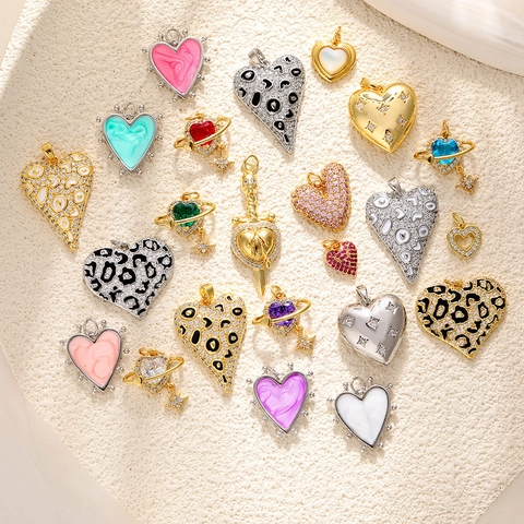Heart Pendant Leopard Print Enamel Copper Gold Plated Cubic Zirconia DIY Jewelry Accessories Romantic Trendy Charms