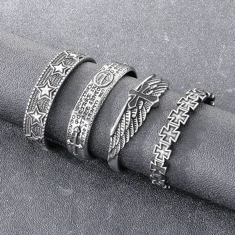 Vintage Stainless Steel Open Cuff Bracelet For Men Retro Distressed Punk Cross Wing Star Religious Bangle Jewelry