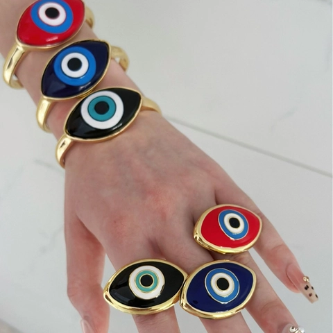 Bracelet et Bague Bohème en Alliage Émail Oeil du Diable Vintage Exagéré Plaqué Or Grosse Bague Doigt Jonc Ouvert Bijoux Femme