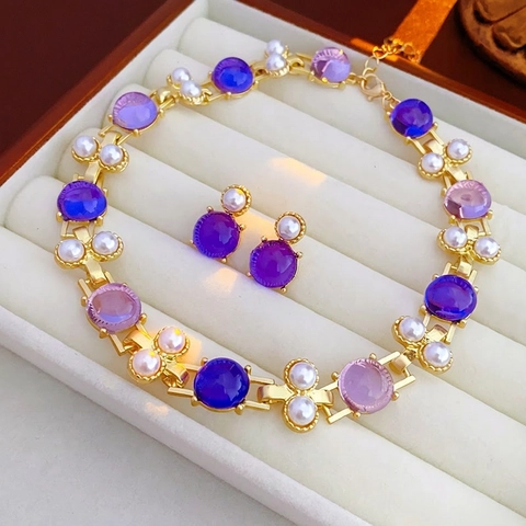 Vintage Jewelry Necklace Earrings With Round Purple Resin Gemstones Faux Artificial Pearls And Silver Earring Post For Women