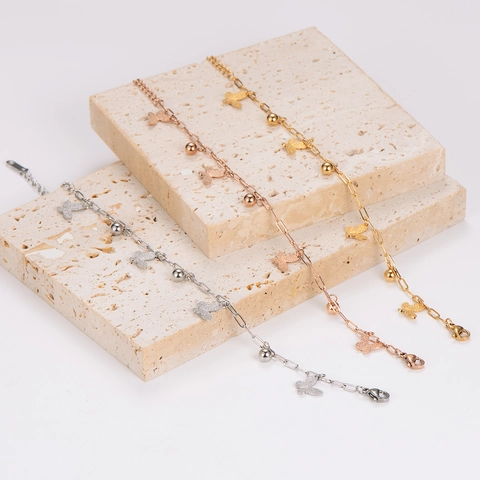 Pulsera De Mariposa Acero Inoxidable Mariposas Esmeriladas Y Cuentas Redondas Joyería De Moda Minimalista Para Mujeres