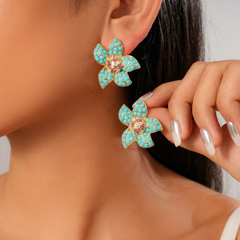 Vintage Flower Stud Earrings Alloy Rhinestone Turquoise With 925 Sterling Silver Earring Post Ethnic Women Jewelry