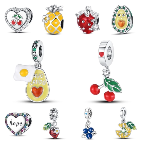 Fruit Charms 925 Sterling Silver Enamel Avocado Cherry Strawberry Pineapple Beads For DIY Bracelets Jewelry Making Women