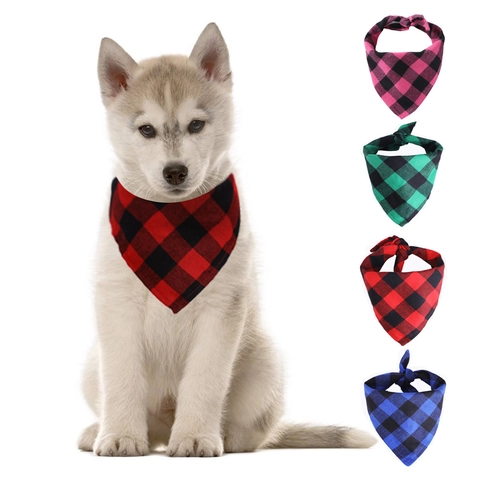 Plaid Pet Bandana Scarf Cotton Triangle Bib Buffalo Check Drool Towel Adjustable Neck Accessory For Dogs Cats