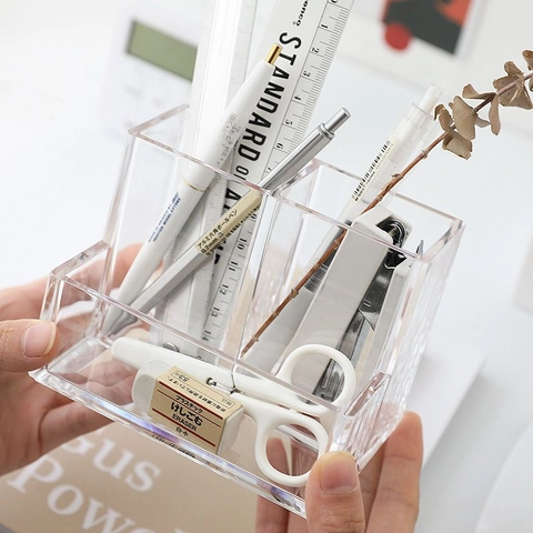 Acrylic Pen Holder Transparent Multi Grid Desk Organizer For Stationery And Makeup Brushes Minimalist Style Office Home Supplies