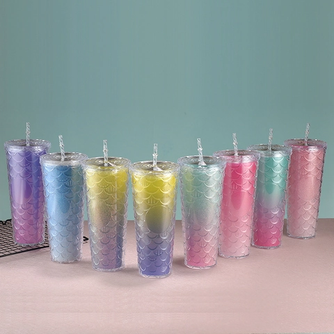 Mermaid Fish Scale Straw Cup Double Layer Plastic Glitter Tumbler Iridescent Gradient Water Bottle Portable Leakproof