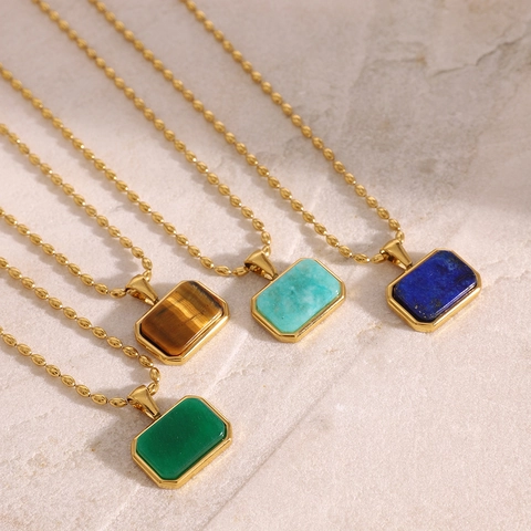 Edelstahl Halskette Mit Rechteckigem Naturstein Anhänger Geometrische Goldene Perlenkette Für Damen Wasserdicht Schmuck