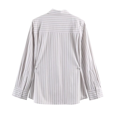 Striped Long Sleeve Blouse Poplin Polyester Shirt With Shoulder Pads Button Down Lapel Office Chic For Women